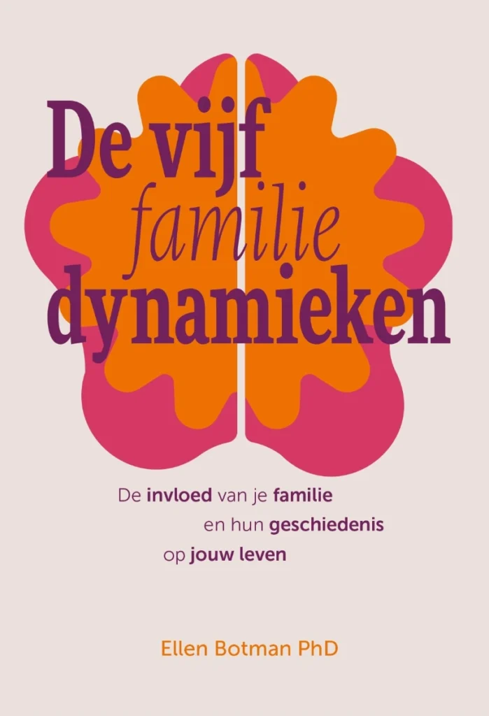 Boekcover van *De vijf familiedynamieken* van Ellen Botman met een kleurrijke hersenvormige illustratie op een lichtroze achtergrond.